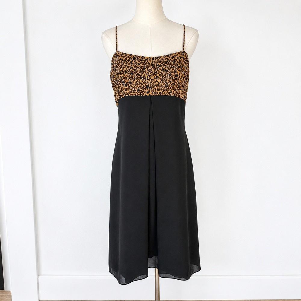 Vintage Cachet Leopard Black Chiffon Empire Slip Dress Retro Y2K Size 10